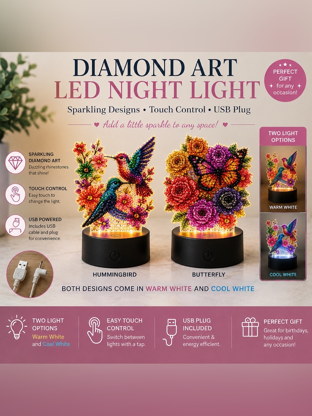 Diamond Art LED Night Light. Butterfly and hummingbird acrylic lamps. Sealed.